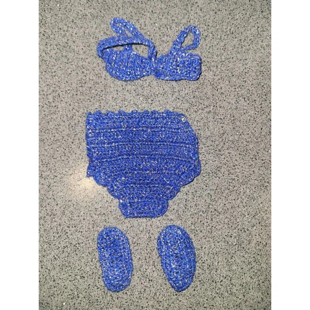 Vintage Blue Knit Doll Swimsuit 14-18 Inch Fashion Doll Bikini Metallic Set